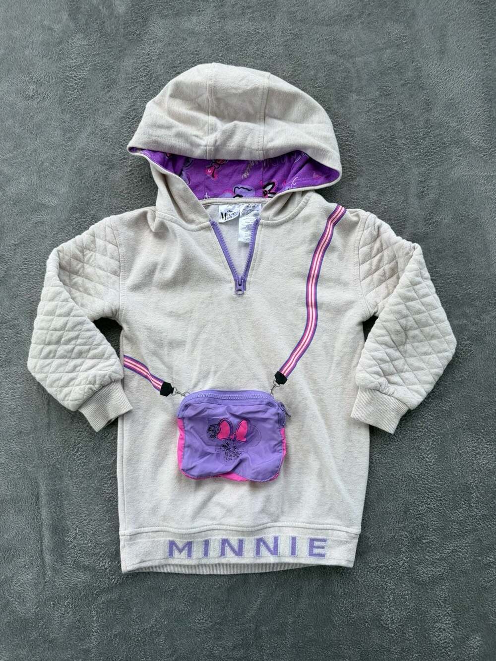 Disney Minnie Mouse Hoodie Size S 6/7 Cream Quilted Sleeves Attached Purse